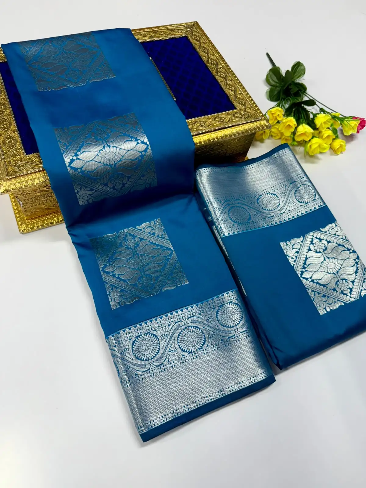 Peacock Square Box Zari Butta Floral Border Semi Kanchipuram Silk Saree